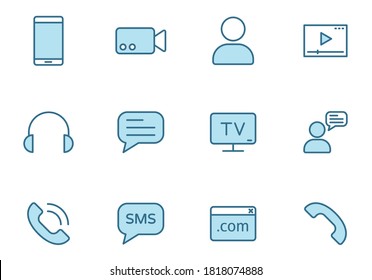 communication lineal vector icons in blue color isolated on white. communication icons in two colors for web and ui design, mobile apps, print and business promo advertising