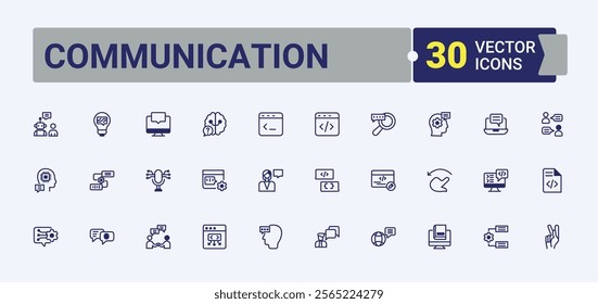 Communication linear icon collection. Featuring diversity, dialog, language, listening, pronunciation, communication, 6on and more. Minimal icons. editable stroke. Vector line and solid icons.