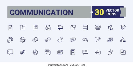 Communication linear icon collection. Featuring diversity, dialog, language, listening, pronunciation, communication, 6on and more. Minimal icons. editable stroke. Vector line and solid icons.