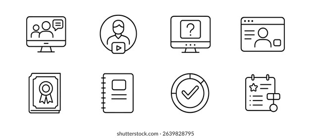 Communication linear icon set. chat, video, profile icons in outline style