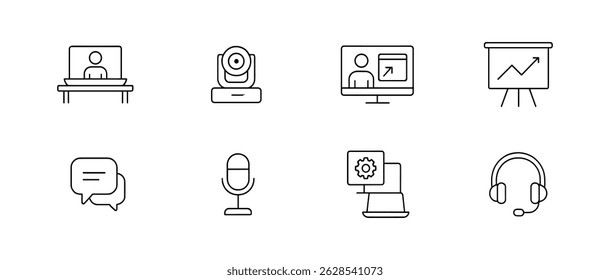 Communication linear icon set - virtual meeting, chat, microphone, headset icons