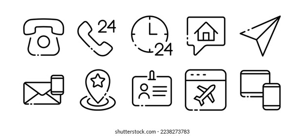 Communication linear icons set. Phone, technical support, call center, sms, web page, travel, around the clock, route, destination, path. Communication concept. Vector black line icon set