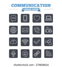 Communication linear icons set. Smartphone, laptop and speech bubble symbols. Wi-fi and Rss. Online love dating, mail and globe thin outline signs. Flat square vector