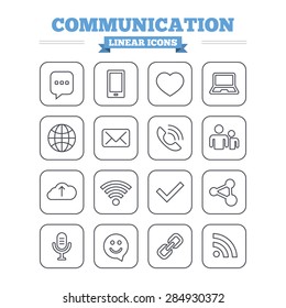 Communication linear icons set. Smartphone, laptop and speech bubble symbols. Wi-fi and Rss. Online love dating, mail and globe thin outline signs. Flat square vector