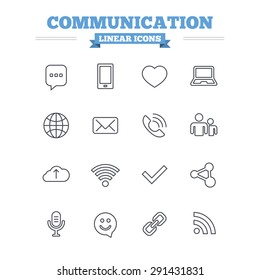 Communication linear icons set. Smartphone, laptop and speech bubble symbols. Wi-fi and Rss. Online love dating, mail and globe thin outline signs. Flat vector