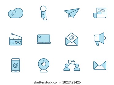 communication linear vector icons in two colors isolated on white background. communication blue icon set for web design, ui, mobile apps and print