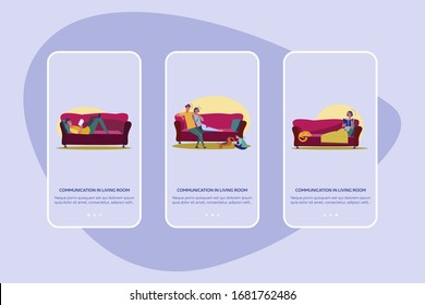 Communication in living room set. People arguing, reading alone on couch, archive interior. Flat vector illustrations. Relationship, leisure concept for banner, website design or landing web page