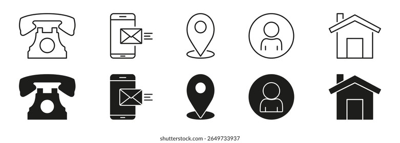 Communication And Location Icon Set. Contact Methods, Messaging, And Navigation Symbol Collection. Includes Phone, Mobile, Email, Location, User, And Home Icons. Isolated Vector Illustration.