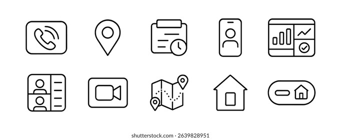 Communication, location line icon set. phone, map, data, video call line icons collection