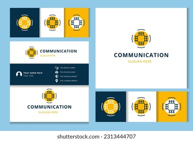 Diseño del logotipo de comunicación con lema editable. Libro de promoción de marca y plantilla de tarjeta de visita.