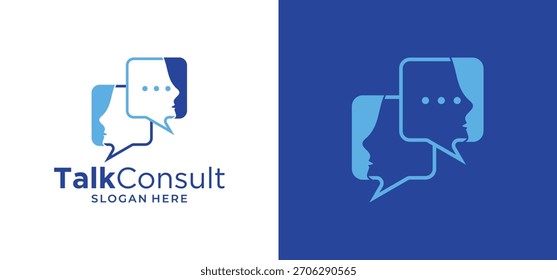 Communication logo design with a human face. Social technology conversation icon vector.