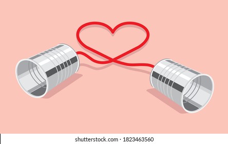 Communication and love. Tin Can telephone connected with a heart cable