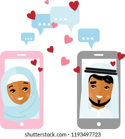 Communication of lovers by phone. Lovers chat online on the Internet. Vector flat arabic lover concept on the smartphone screen sent a message of love.
