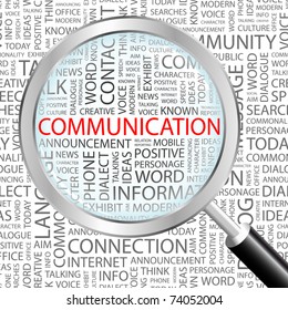 COMMUNICATION. Magnifying glass over background with different association terms. Vector illustration.