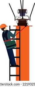 Communication Maintenance From Technician Worker, Tower Climber Vector Illustration, Technician Climbing Cellular Tower Vector