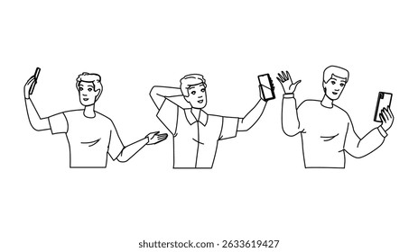 communication man video call vector. portrait positive, looking smiling, web cam communication man video call character. people black line pencil drawing illustration