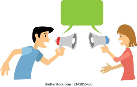 Communication. A man and a woman shouting with a megaphone, facing each other. With a space to put what they say.