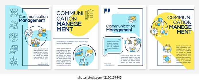 Communication management blue and yellow brochure template. Team collaboration. Leaflet design with linear icons. 4 vector layouts for presentation, annual reports. Questrial, Lato-Regular fonts used