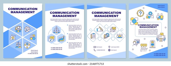Communication management brochure template. Team collaboration. Leaflet design with linear icons. 4 vector layouts for presentation, annual reports. Arial-Black, Myriad Pro-Regular fonts used