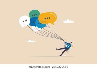 Communication management, PR public relation, handle public comment or social criticism, meeting summary or discussion talk, conversation or dialog concept, businessman manage speech bubble balloons.