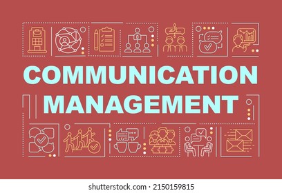 Communication management word concepts red banner. Colleagues interaction. Infographics with icons on color background. Isolated typography. Vector illustration with text. Arial-Black font used