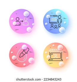 Communication, Market seller and Presentation minimal line icons. 3d spheres or balls buttons. Eye drops icons. For web, application, printing. Users talking, Store buyer, Business conference. Vector
