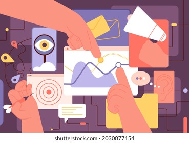 Communication and marketing concept. Business strategy, visual information. Hands manage financial charts, goal or target achievement utter vector scene. Illustration of social marketing management