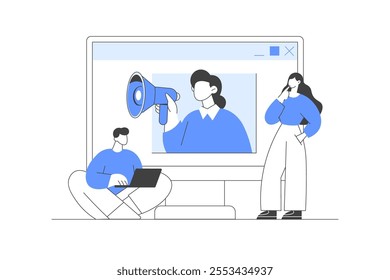 Communication, marketing. Social media community, referral program concept with woman influencer and megaphone. Refer a friend. Flat Cartoon Vector Illustration, icon. Stylish abstract