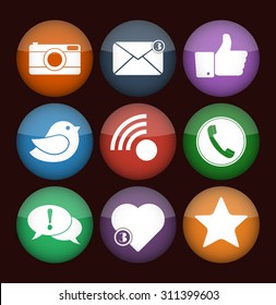 Communication and media Flat icons for Web and Mobile App. Vector social network icon set. Flat designs of camera, like, bird, telephone receiver, envelope, rss, star, heart and dialogue box.