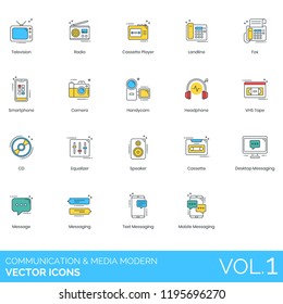 Communication and media icon set. Television, radio, cassette player, landline, fax, smartphone, camera, handycam, headphone, vhs tape, cd, equalizer, speaker, desktop, text messaging, mobile.