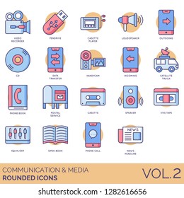 Communication and media icons including recorder, pendrive, cassette player, loudspeaker, CD, data transfer, handycam, satellite truck, phone, postal service, speaker, VHS tape, equalizer, headline.