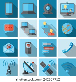 Communication media and social network broadcasting icons flat long shadow set isolated vector illustration.