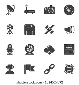 Communication and media vector icons set, modern solid symbol collection, filled style pictogram pack. Signs, logo illustration. Set includes icons as wifi router, microphone, satellite dish, support