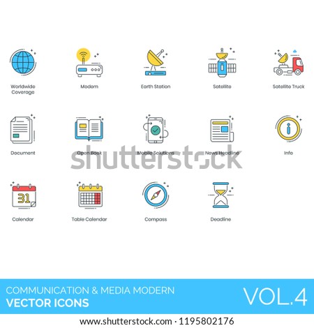 Communication and media vector icons. Worldwide coverage, modem, earth station, satellite truck, document, open book, mobile solutions, news headline, info, table calendar, compass, deadline.