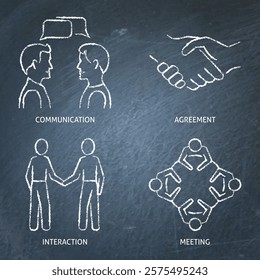 Communication and meeting chalkboard icon set. Agreement, dialogue symbols. Vector illustration