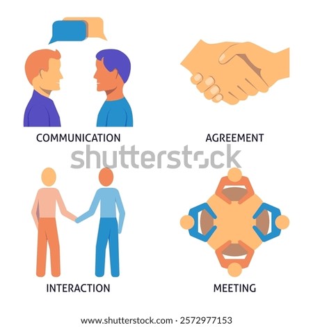 Communication and meeting flat icon set. Agreement, dialogue symbols. Vector illustration