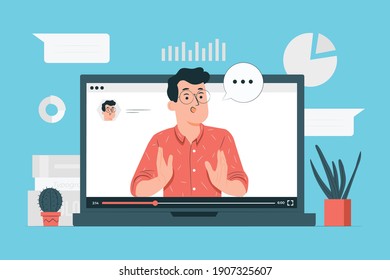 Communication, Meeting, Online Class, dialog, conversation on an online forum and internet chatting concept. Vector illustration. Relationship, Devices, Shapes, Laptop, Flat Illustration.