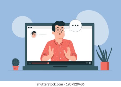 Communication, Meeting, Online Class, dialog, conversation on an online forum and internet chatting concept. Vector illustration. Relationship, Devices, Simple Shapes, Laptop, Flat Illustration