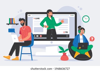 Communication, Meeting, Online Class, dialog, conversation on an online forum and internet chatting concept. Vector illustration. Relationship, Devices, Shapes, Laptop, Flat Illustration, Teacher