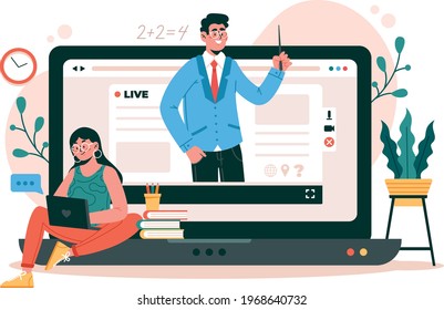 Communication, Meeting, Online Class, dialog, conversation on an online forum and internet chatting concept. Vector illustration. student, Devices, Shapes, Laptop, Flat Illustration, Teacher, Plant