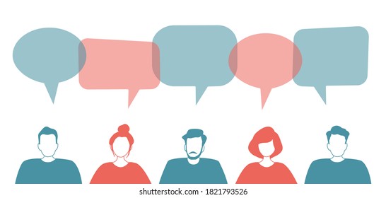 Communication of men and women. Community of young people. People icons with speech bubbles. Vector illustration
