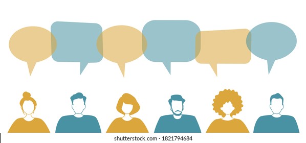 Communication of men and women. Community of young people. People icons with speech bubbles. Vector illustration.