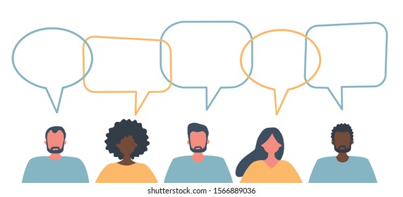 Communication of men and women. International community of people. People icons with speech bubbles. Vector illustration