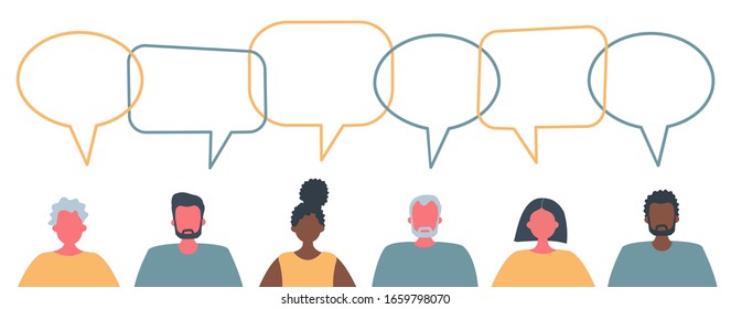 Communication of men and women. International community of people. People icons with speech bubbles. People of different races, different ages in the picture. Vector flat illustration