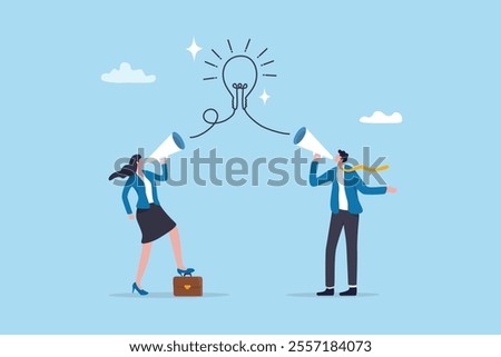 Communication message, announcement or conversation to communicate idea, information or discussion speech, advertising strategy, speaking or talk concept, business people talk on megaphone with idea.