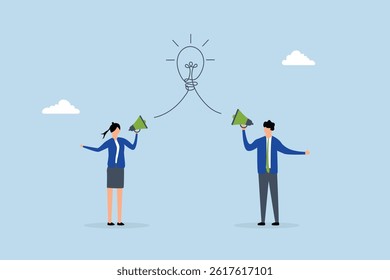 Communication message, business people talk on megaphone with idea.