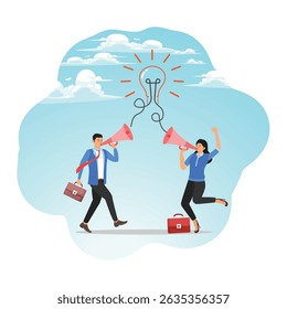 Conceito de mensagem de comunicação, anúncio ou conversa para comunicar ideia. Empresários falando no megafone com ideia.