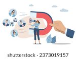 Communication or message, Marketing materials find new customers and campaigns that attract new customers, Businesswoman advertises or announces with a megaphone and a big hand holding a magnet.
