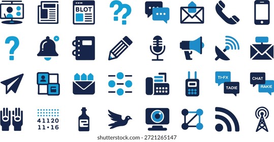 Conjunto de iconos de comunicación y mensajería. Video Contiene correos electrónicos, burbujas de chat, teléfonos inteligentes, megáfonos, antenas parabólicas, llamadas y conexiones de red.