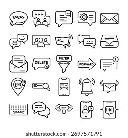 Iconos de mensajería de comunicación, interacción, correspondencia digital, redes sociales, desarrollo de App, fondo blanco aislado.